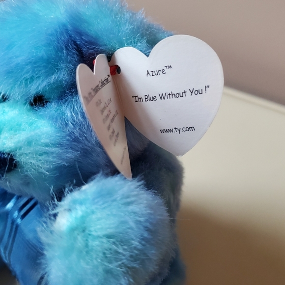 TY fuzzy blue bear stuffed animal plush Azure with bow and tags - Picture 4 of 5